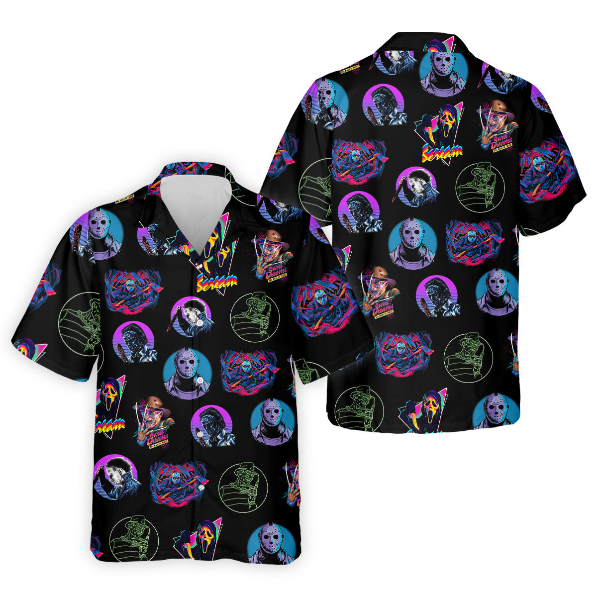 Funny Horror Character Men's Golf Shirt, Horror Character Neon Shirt, Halloween Golf Shirt, Men's Halloween Shirts