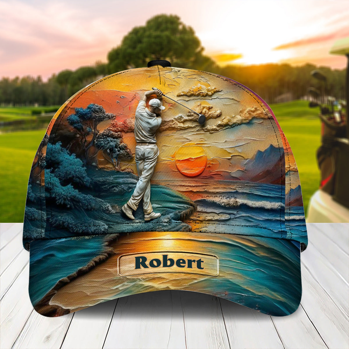Sunset Landscape Golfer Personalized Golf Cap, Gift For Dad, Golf Gift For Men
