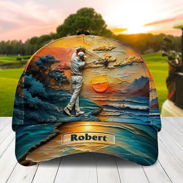 Sunset Landscape Golfer Personalized Golf Cap, Gift For Dad, Golf Gift For Men