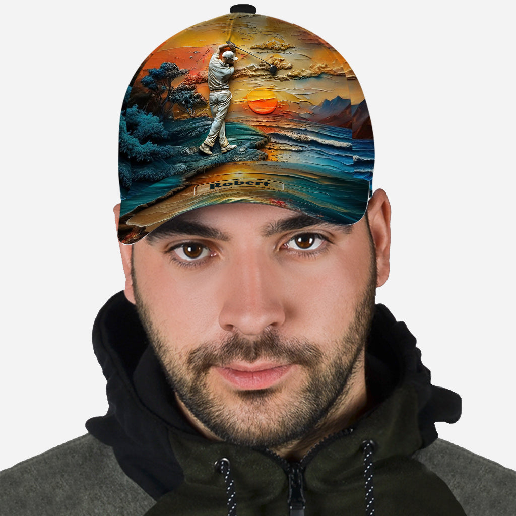 Sunset Landscape Golfer Personalized Golf Cap, Gift For Dad, Golf Gift For Men
