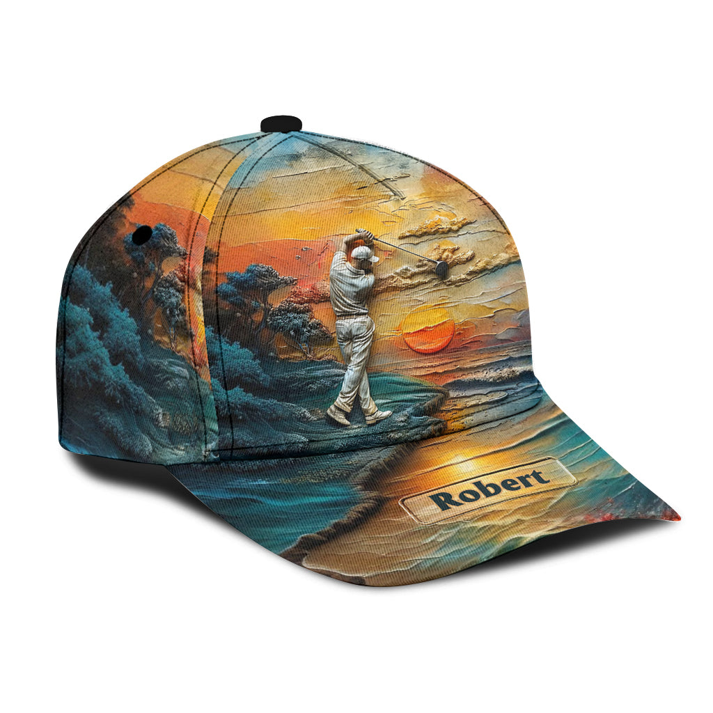 Sunset Landscape Golfer Personalized Golf Cap, Gift For Dad, Golf Gift For Men