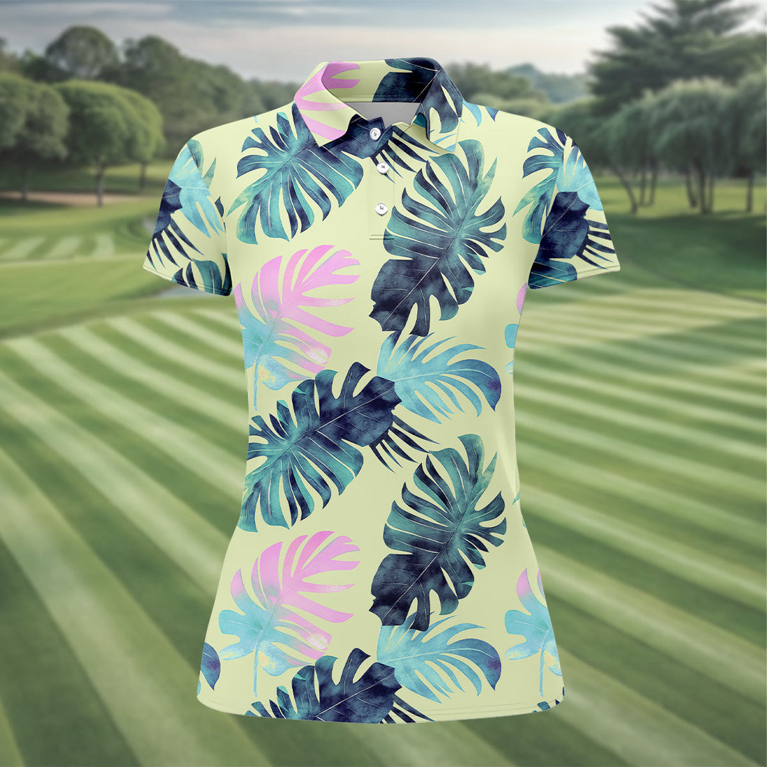 Tropical Palm Leaves Sleeveless Womens Golf Shirts, Ladies Sleeveless Polo, Ladies Golf Shirts, Golfing Apparel