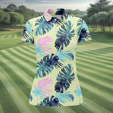 Tropical Palm Leaves Sleeveless Womens Golf Shirts, Ladies Sleeveless Polo, Ladies Golf Shirts, Golfing Apparel
