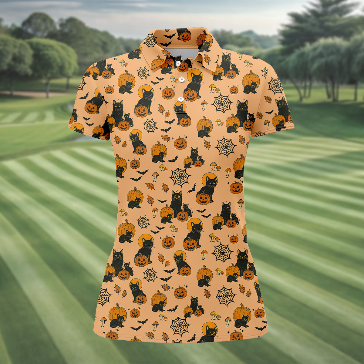 Orange Pumpkin, Cat Halloween Shirt, Sleeveless Womens Golf Shirts, Ladies Golf Tops, Vintage Halloween Outfit