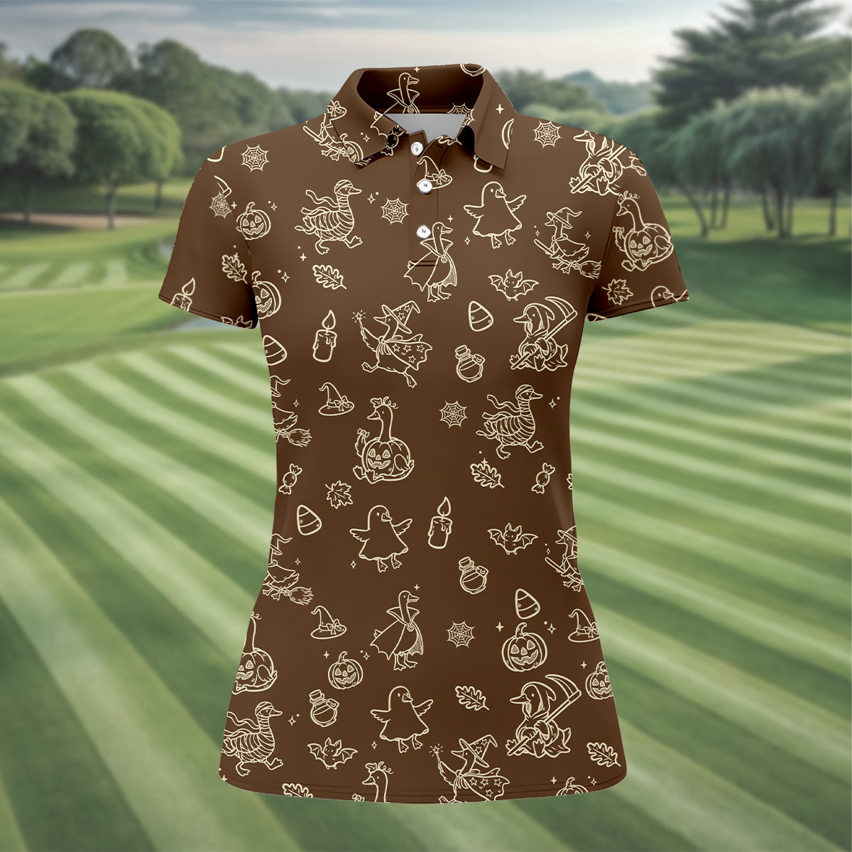 Goose Halloween Golf Shirt, Pumpkin Pattern Golf Shirt, Brown Golf Polo, Women Golf Top, Ladies Golf Shirts