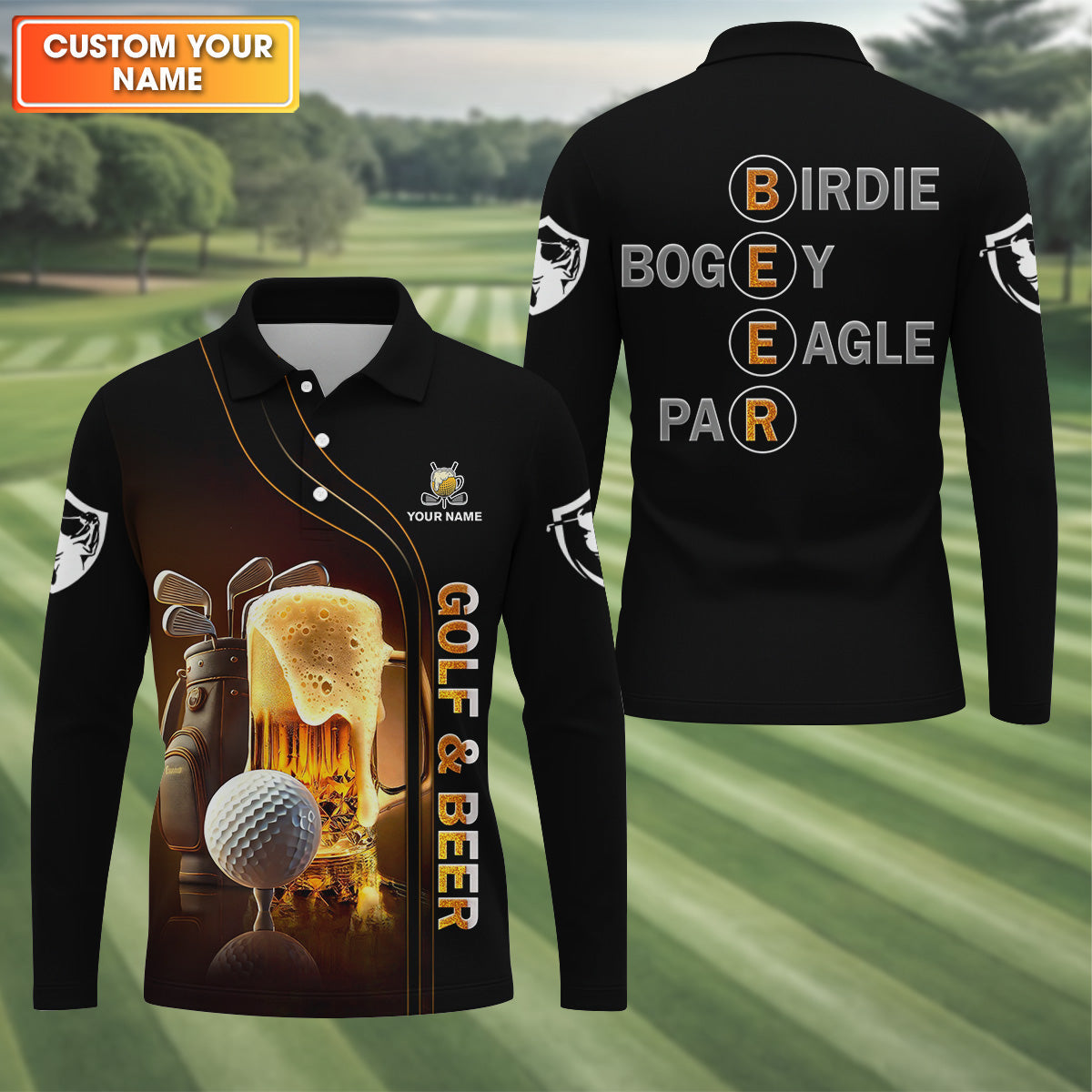 Golf And Beer Men's Golf Shirt, Mens Long Sleeve Golf Polo, Beer Golf Shirt, Fun Golf Shirts For Men