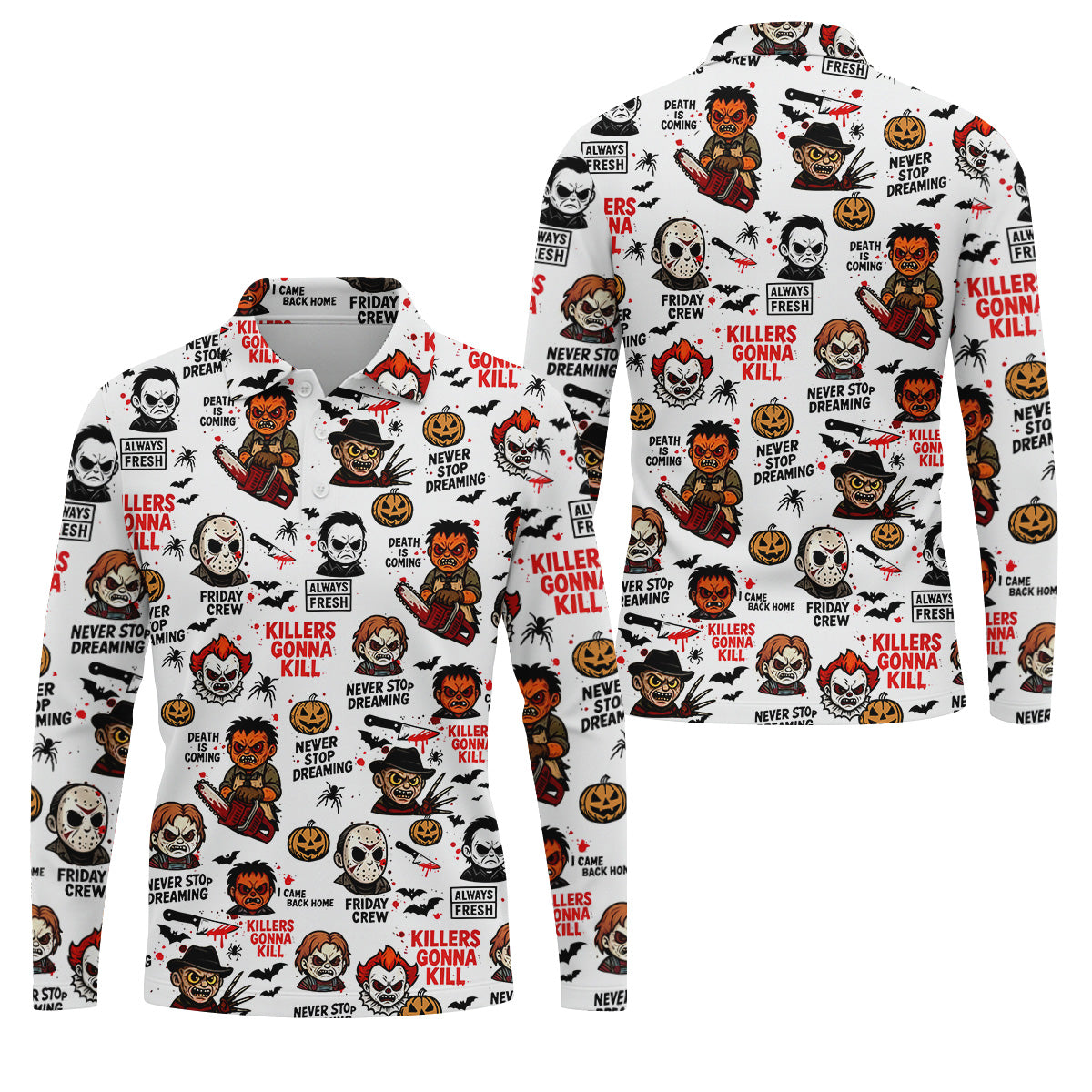 Classic Horror Characters Halloween Golf Shirt, Men's Golf Polo Shirts, Horror Movie Shirt