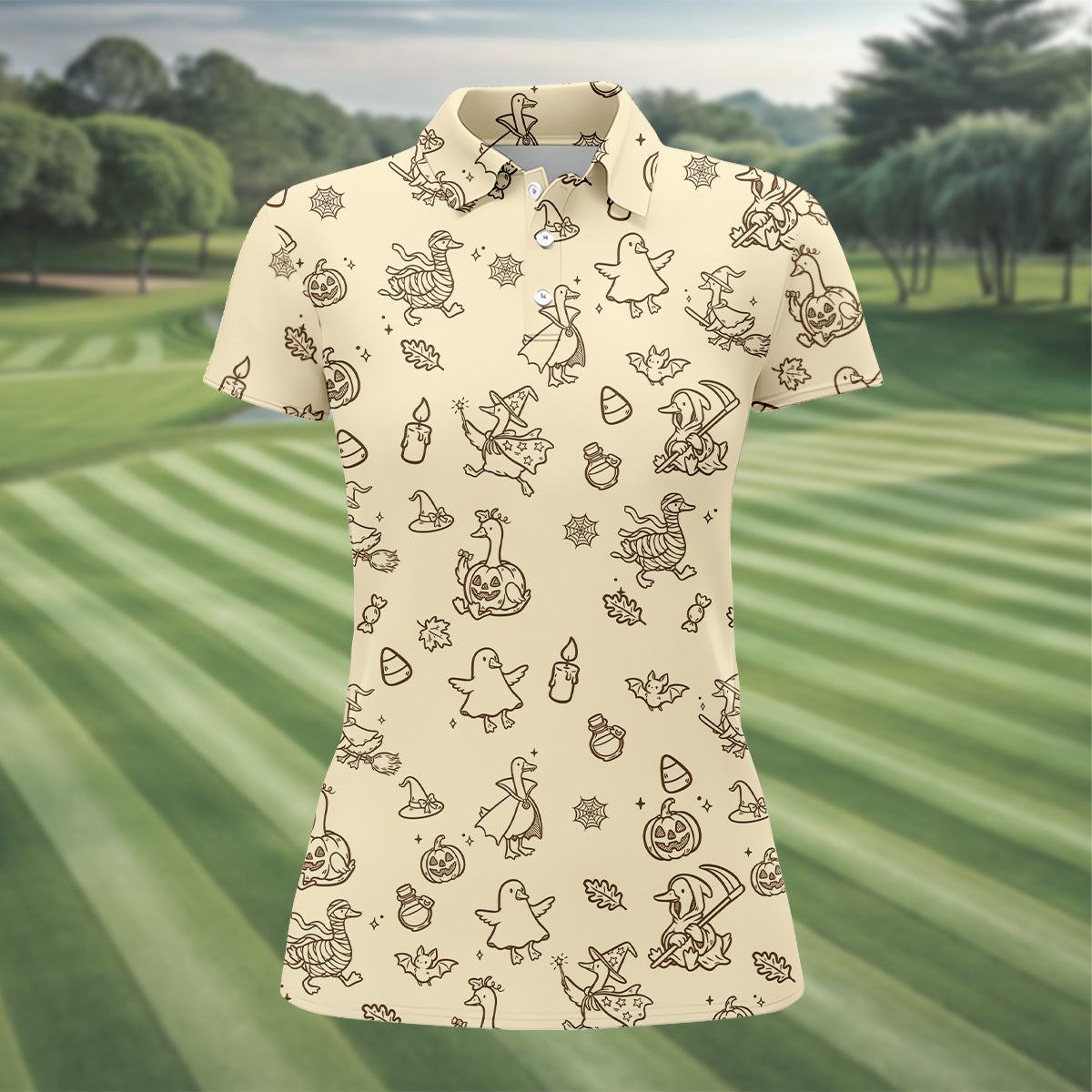 Goose Halloween, Doodle Pattern, Beige Golf Shirt, Sleeveless Womens Golf Shirts, Women Golf Top, Ladies Golf Shirts