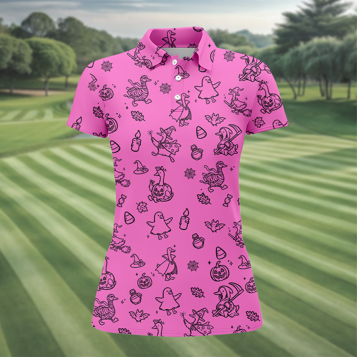 Goose Halloween, Doodle Pattern, Hot Pink Golf Shirt, Sleeveless Womens Golf Shirts, Women Golf Top, Ladies Golf Shirts