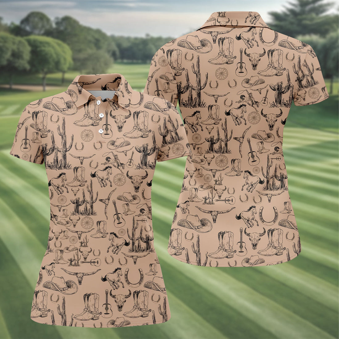 Brown Toile Western Golf Shirt, Women's Golf Long Sleeve, Ladies Sleeveless Tops, Women's Polo Shirt