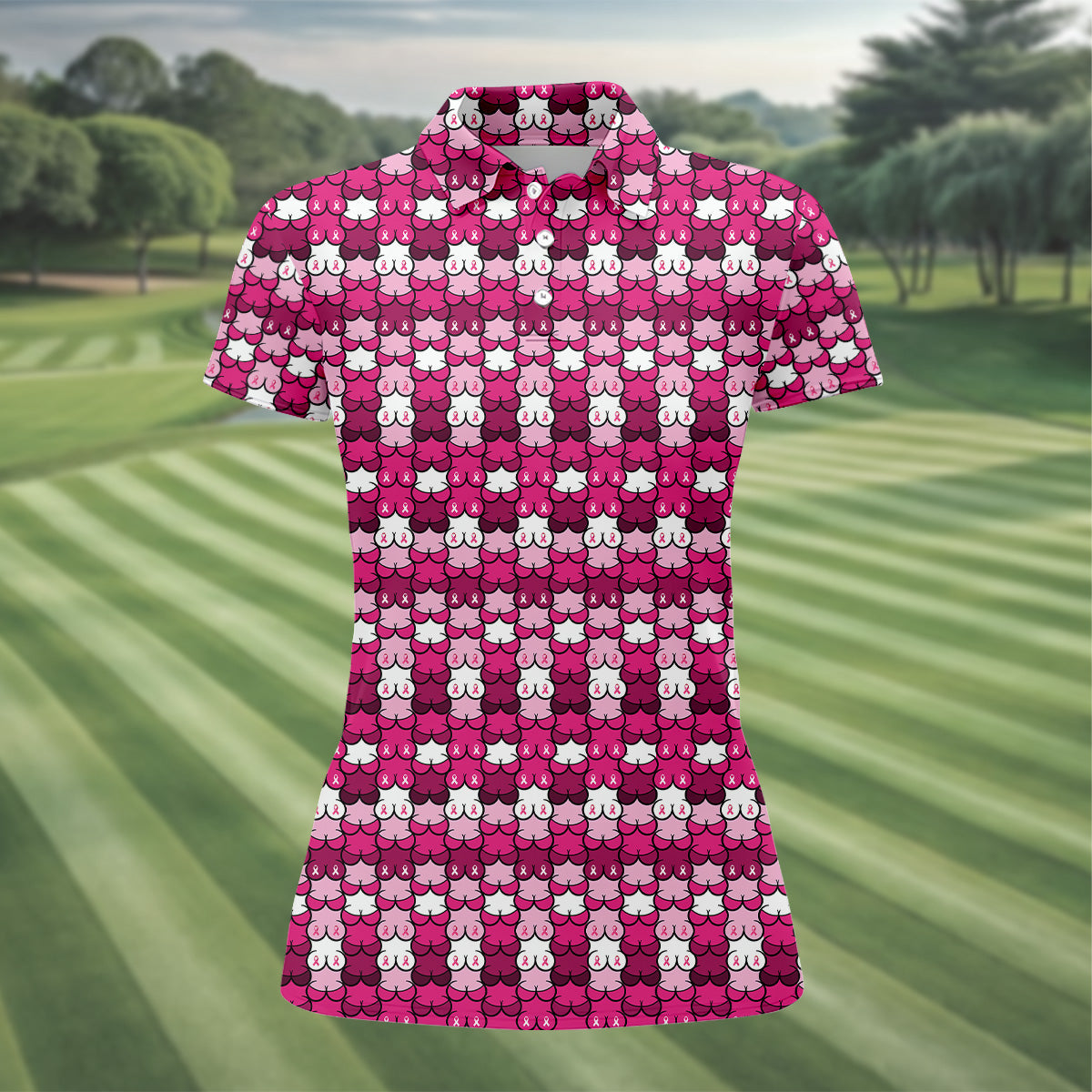 Funny Boobs Pink Ribbon Womens Golf Shirt, Breast Cancer Awareness Shirt, Ladies Golf Shirt