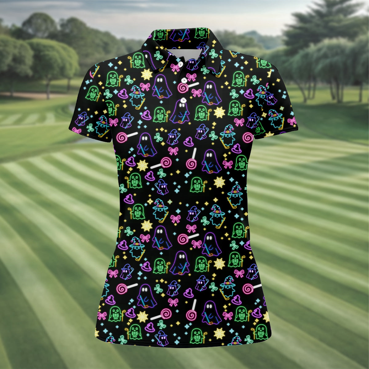Funny Ghost Golfing Women's Polo Shirt, Neon Golf Shirt, Fun Womens Golf Shirts, Funny Halloween Shirt