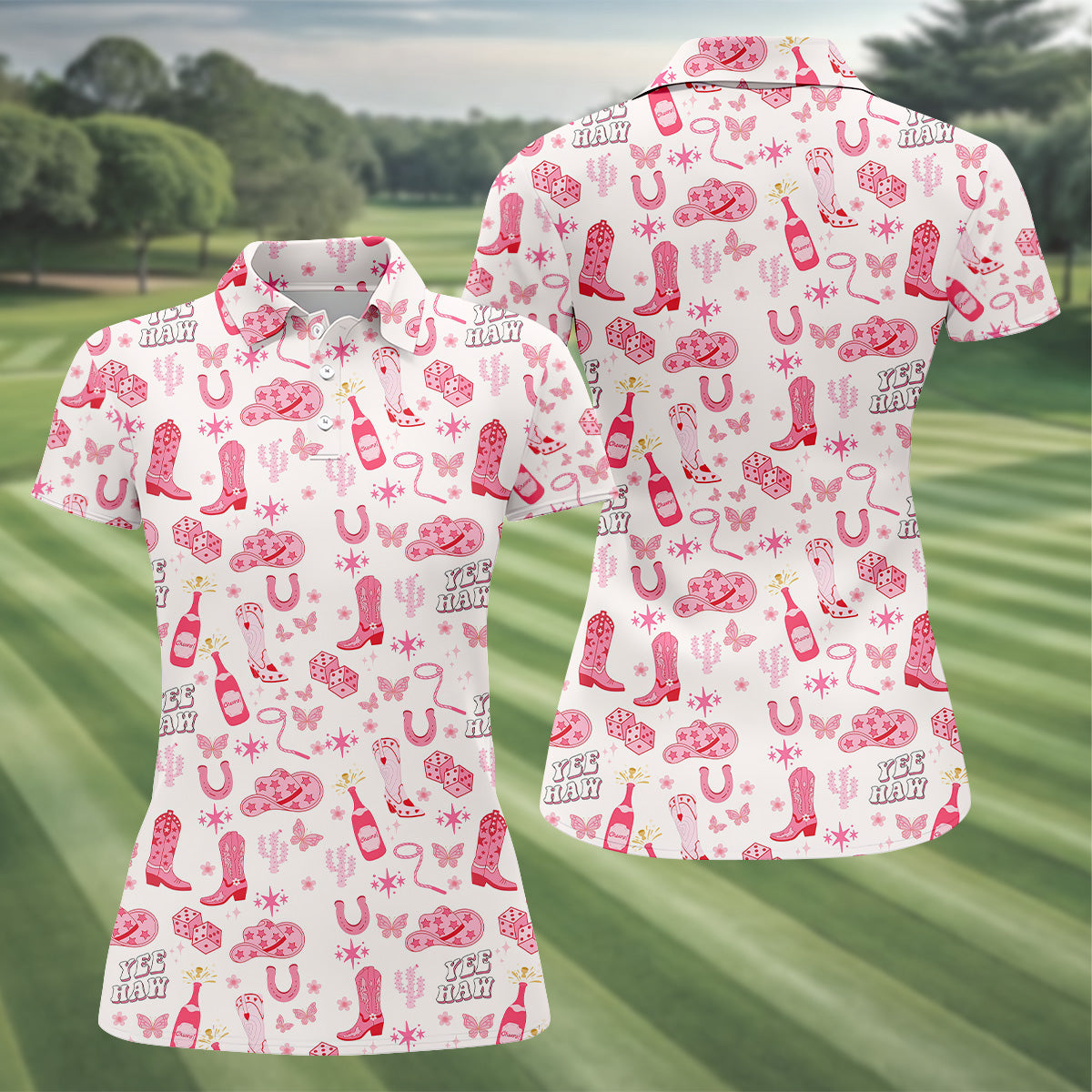 Yee Haw Cowgirl Pink Golf Polo, Western Golf Shirt, Womens Sleeveless Polo, Ladies Golf Shirts