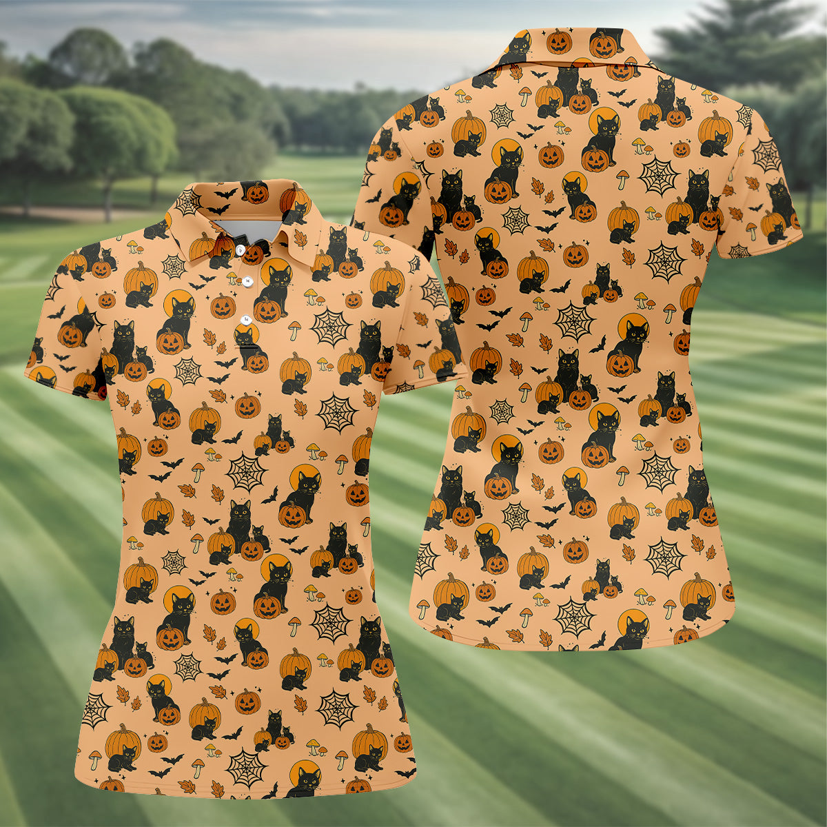 Orange Pumpkin, Cat Halloween Shirt, Sleeveless Womens Golf Shirts, Ladies Golf Tops, Vintage Halloween Outfit