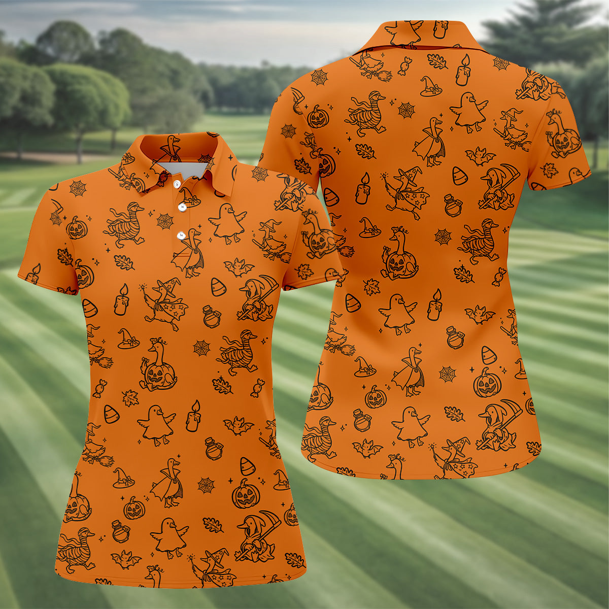 Goose Halloween, Doodle Pattern, Orange Golf Shirt, Sleeveless Womens Golf Shirts, Women Golf Top, Ladies Golf Shirts