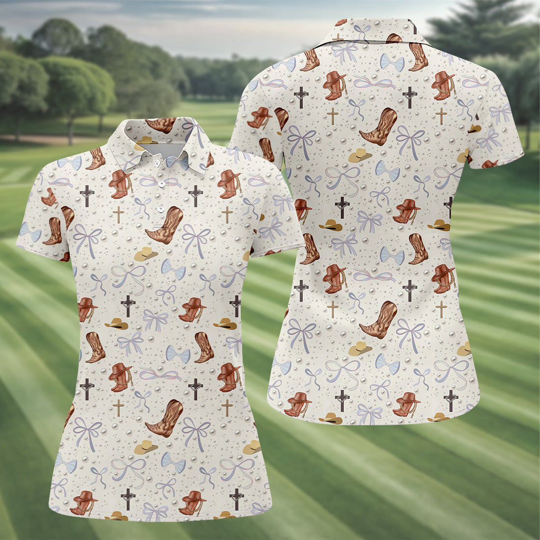 Coquette Pattern Western Golf Shirt, Cute Golf Outfit, White Polo Women, Ladies Golf Shirts