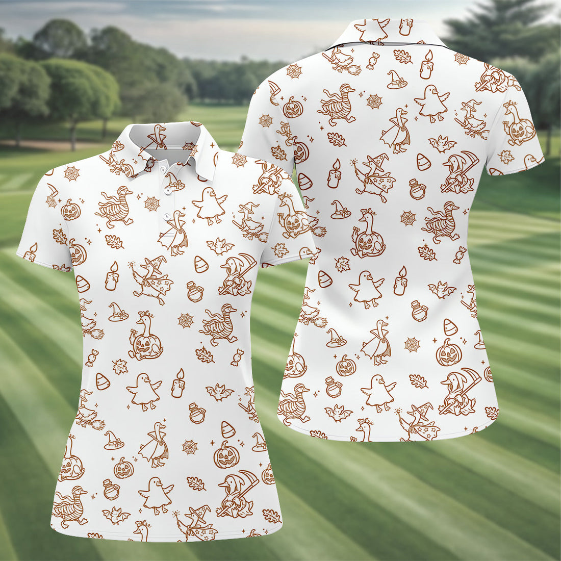 Goose Halloween, Doodle Pattern, White Golf Shirt, Sleeveless Womens Golf Shirts, Women Golf Top, Ladies Golf Shirts