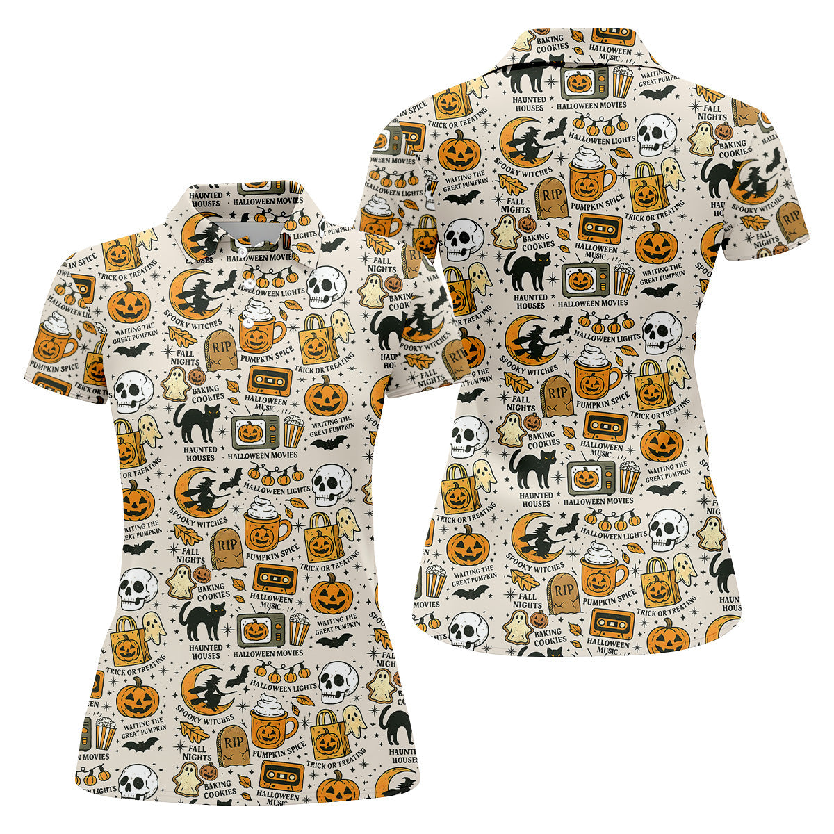 Spooky Witches, Spooky Cat, Cute Halloween T-Shirts, Womens Sleeveless Polo, Ladies Golf Shirts