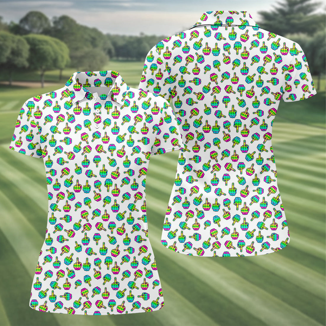 Neon Middle Finger White Golf Polo, Funny Golf Shirt, Unique Gift For Golfer, Ladies Golf Polos