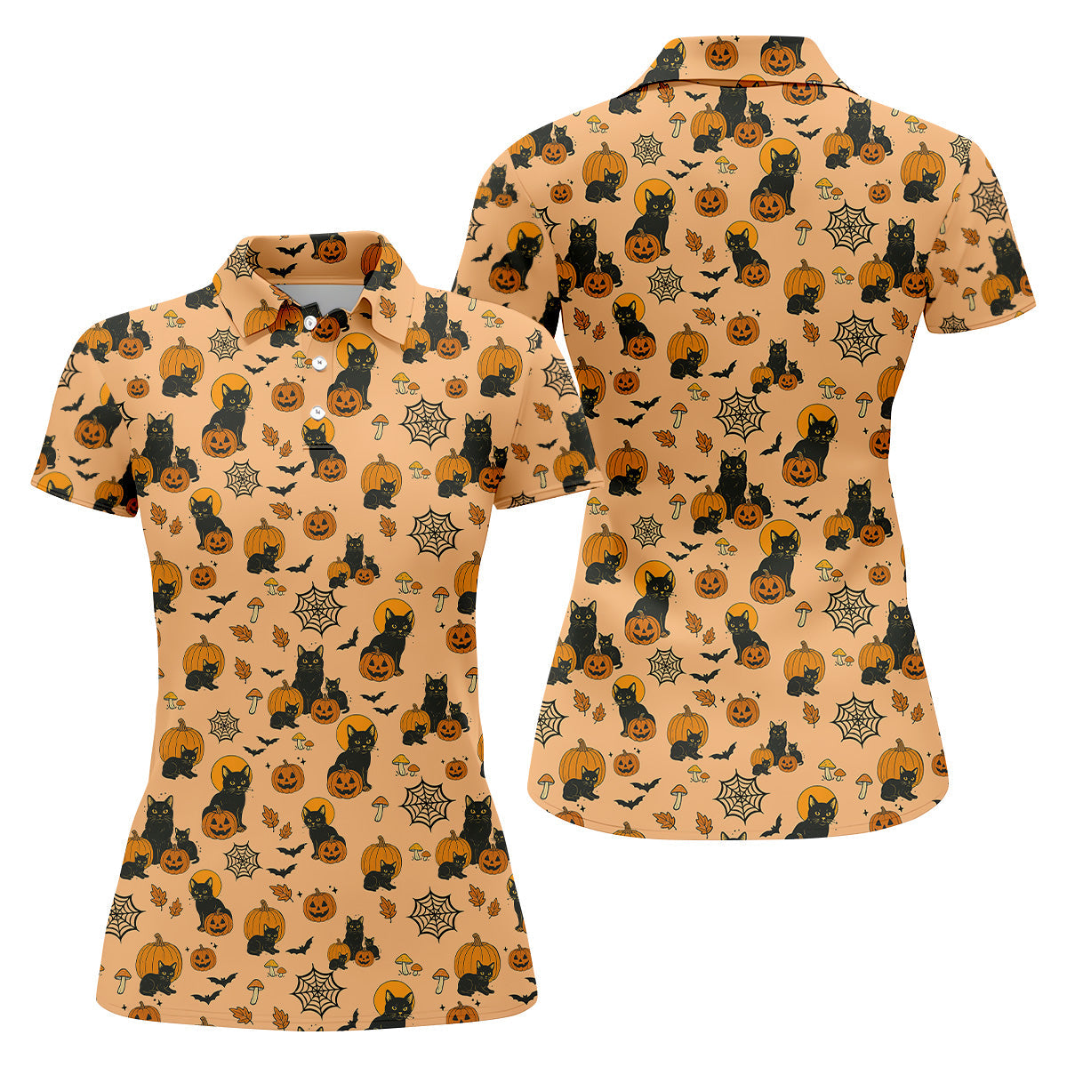 Orange Pumpkin, Cat Halloween Shirt, Sleeveless Womens Golf Shirts, Ladies Golf Tops, Vintage Halloween Outfit