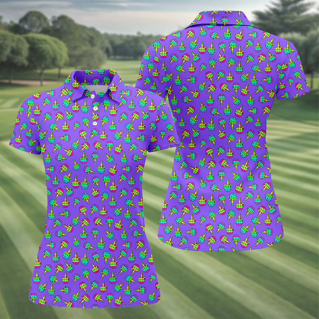 Neon Middle Finger Purple Golf Shirt, Funny Golf Shirt, Ladies Golf Polos, Cool Golf Gift