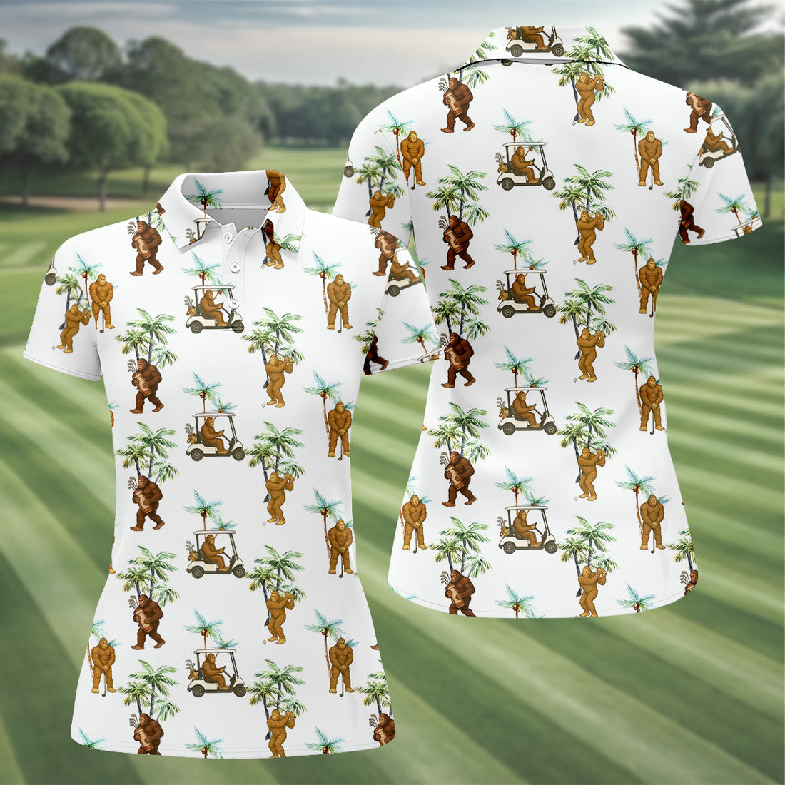 Funny Bigfoot Golf Hawaiian Shirt, Tropical Golf Shirts, Ladies Sleeveless Polo, Golfing Apparel