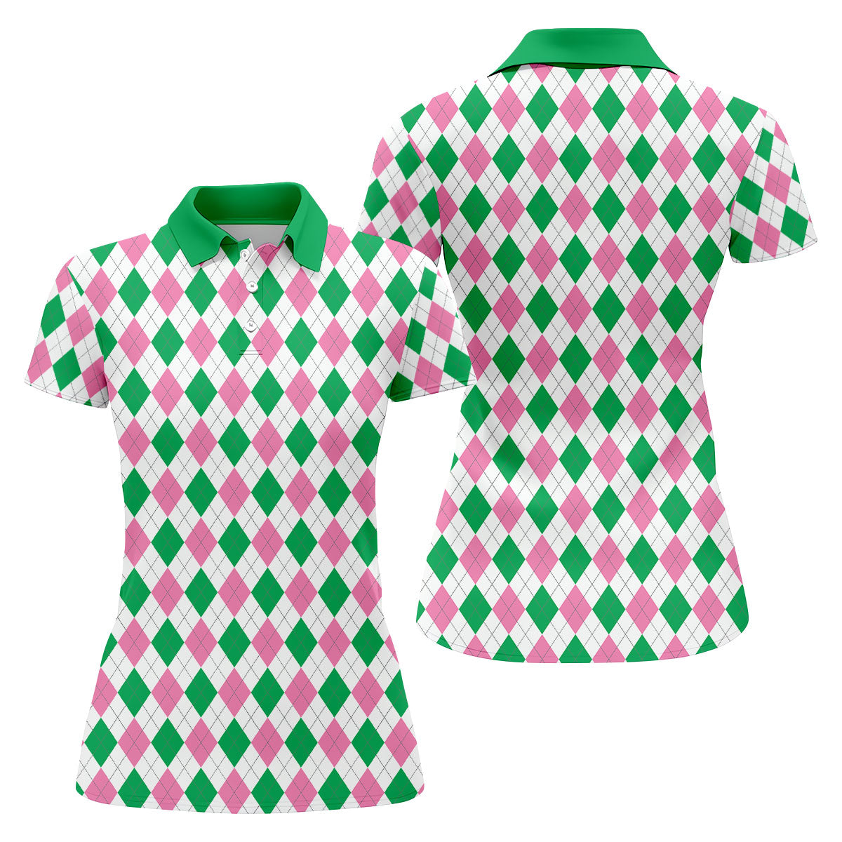 Green Pink Argyle Sleeveless Womens Golf Shirts, Ladies Pink Golf Shirt, Womens Golf Polo Shirts, Womens Golf Tops