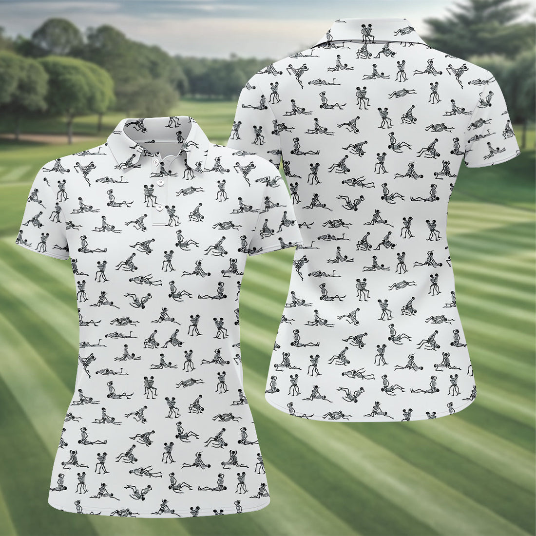 White Funny Skeleton Sex Position Golf Shirt, Halloween Gift Idea, Ladies Golf Shirts