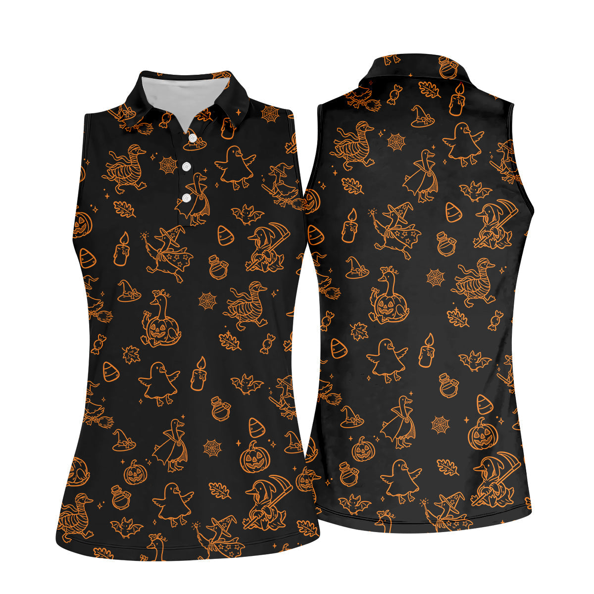 Goose Halloween, Doodle Pattern, Black Orange Golf Polo, Sleeveless Womens Golf Shirts, Ladies Golf Shirts