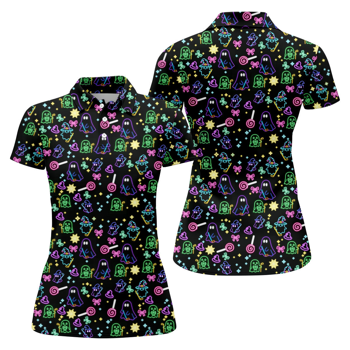 Funny Ghost Golfing Women's Polo Shirt, Neon Golf Shirt, Fun Womens Golf Shirts, Funny Halloween Shirt