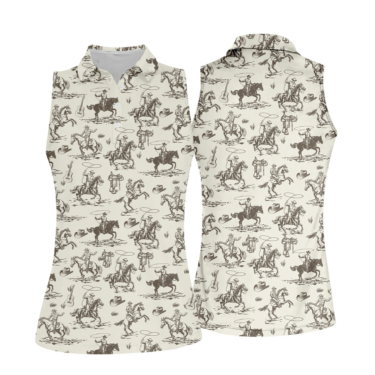 Cowboy Ride Horse Ladies Sleeveless Polo, Golf Polo Shirt, Ladies Golf Shirts, Golfing Apparel
