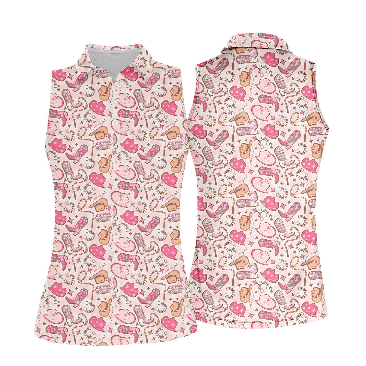 Pink Cowgirl Western Golf Shirt, Womens Sleeveless Polo, Cute Golf Outfit, Ladies Golf Shirts