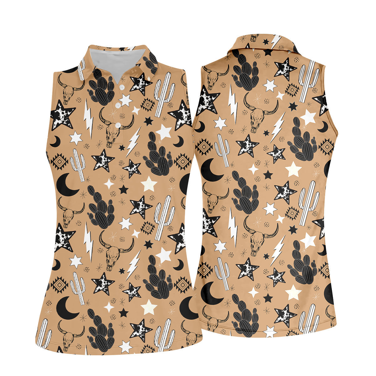 Western Star Seamless Pattern Ladies Sleeveless Polo, Ladies Golf Shirts, Golfing Apparel