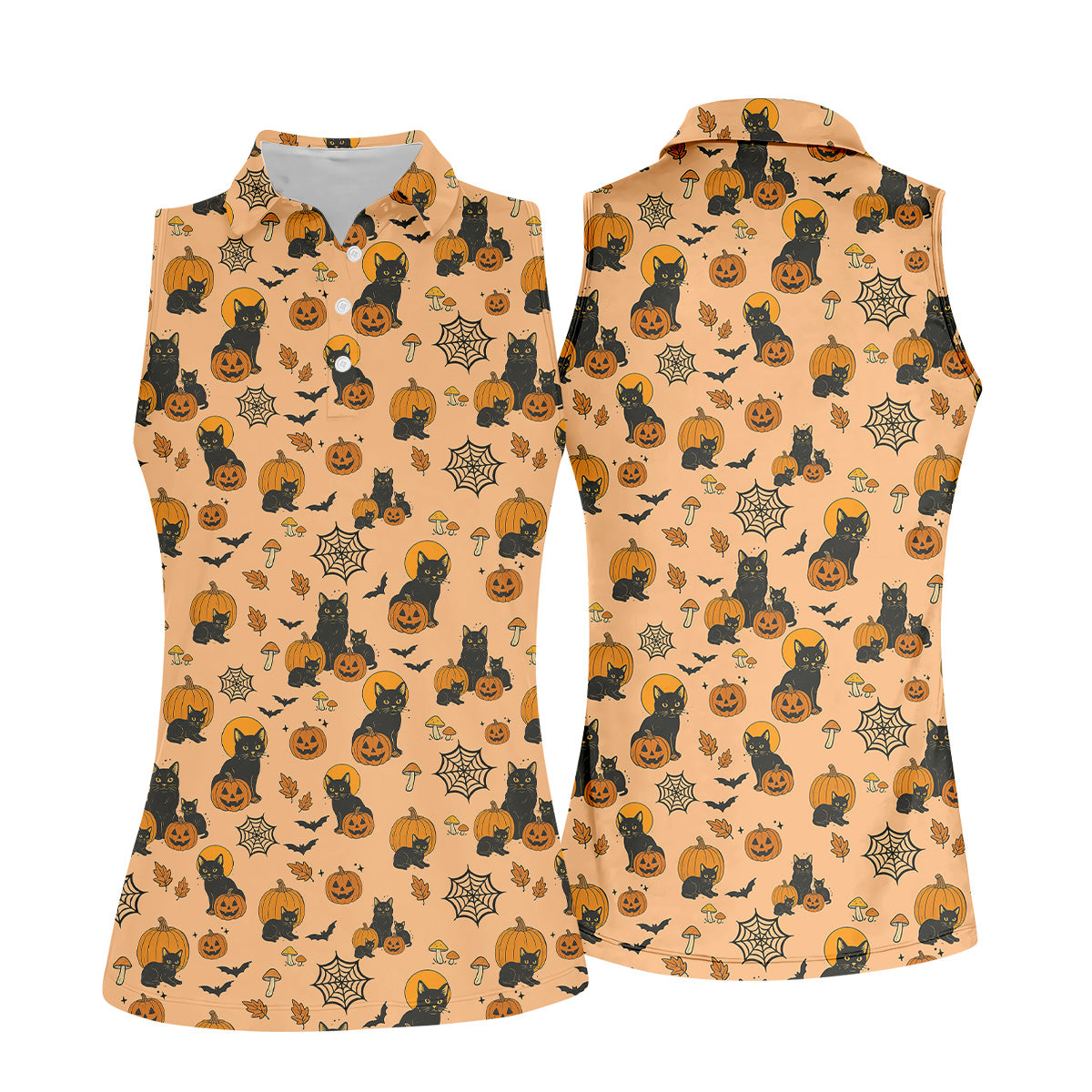 Orange Pumpkin, Cat Halloween Shirt, Sleeveless Womens Golf Shirts, Ladies Golf Tops, Vintage Halloween Outfit