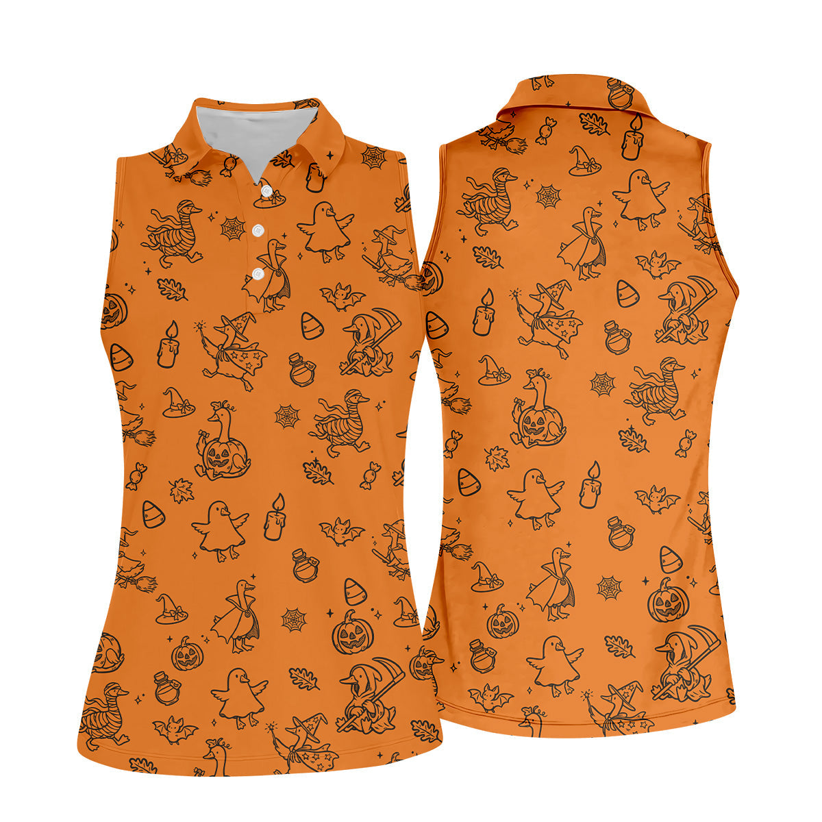 Goose Halloween, Doodle Pattern, Orange Golf Shirt, Sleeveless Womens Golf Shirts, Women Golf Top, Ladies Golf Shirts