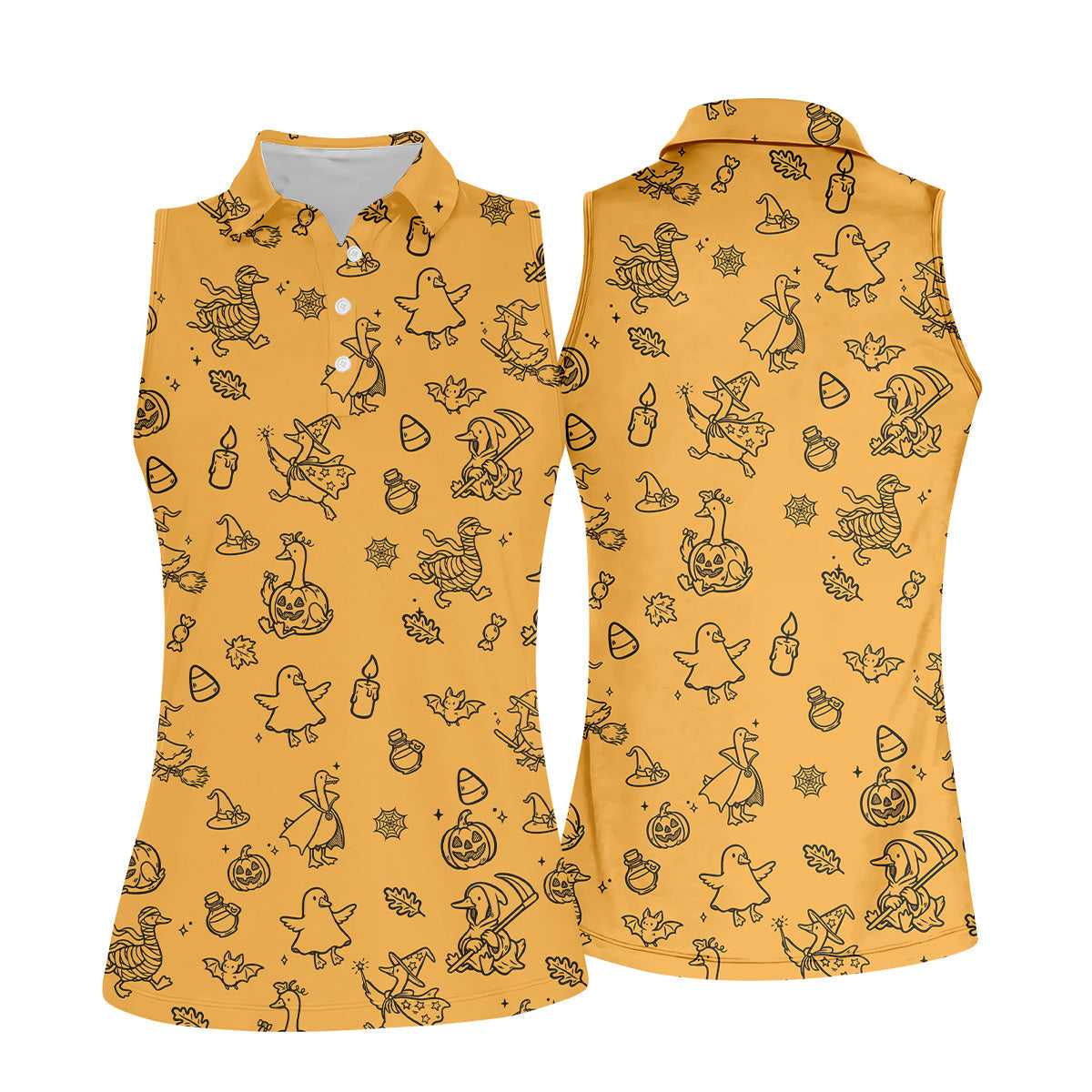 Goose Halloween, Doodle Pattern, Yellow Golf Shirt, Sleeveless Womens Golf Shirts, Women Golf Top, Ladies Golf Shirts