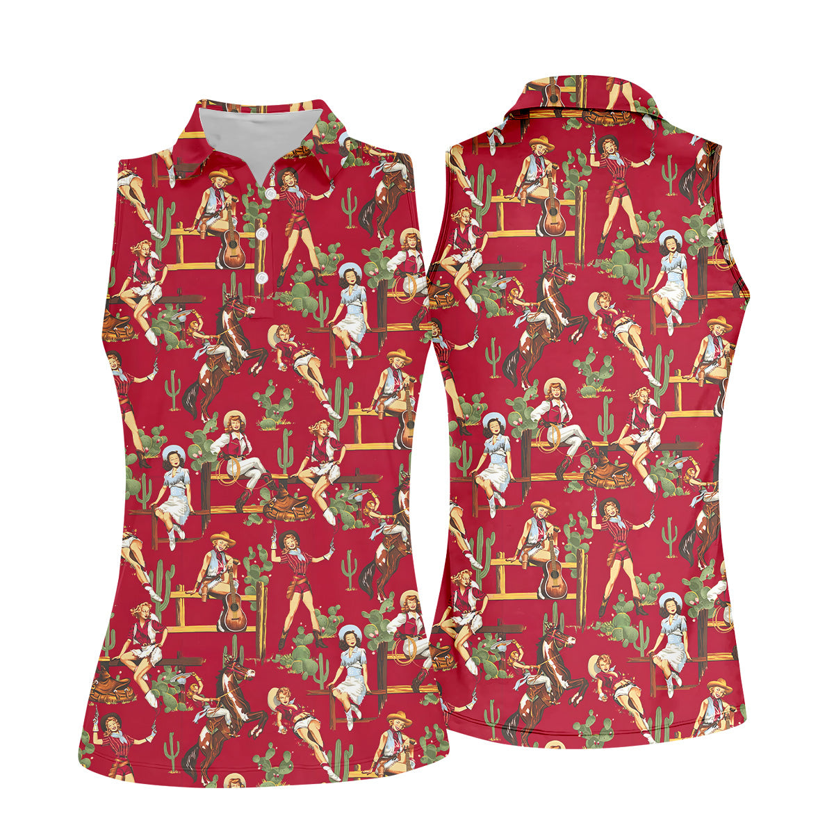 Western Cowgirl Red Golf Shirt, Womens Sleeveless Polo, Ladies Golf Shirts, Cool Golf Gifts