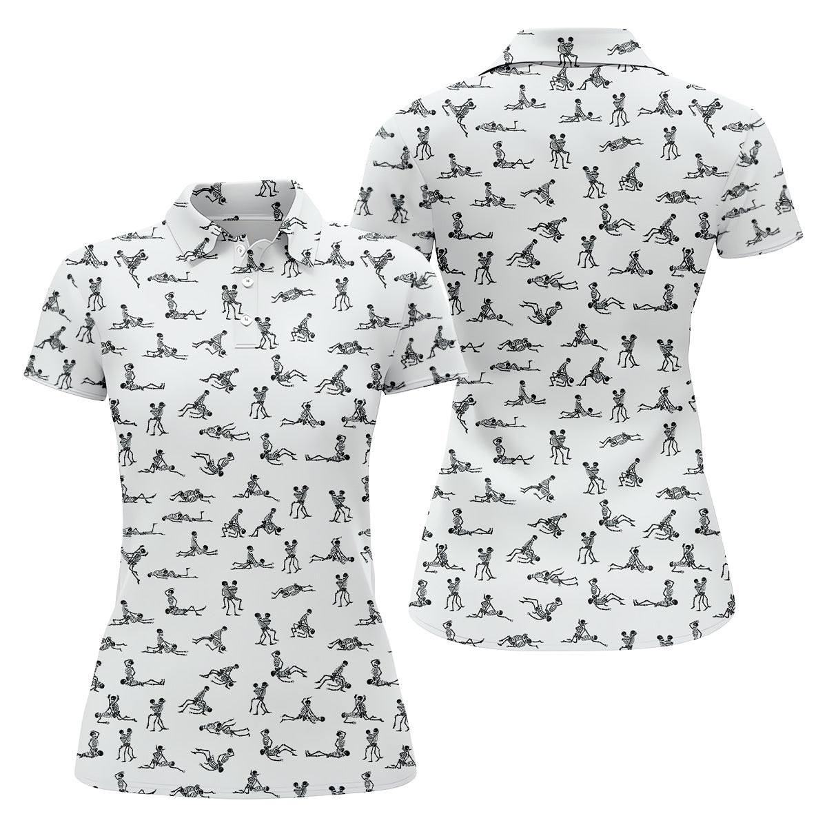 White Funny Skeleton Sex Position Golf Shirt, Halloween Gift Idea, Ladies Golf Shirts