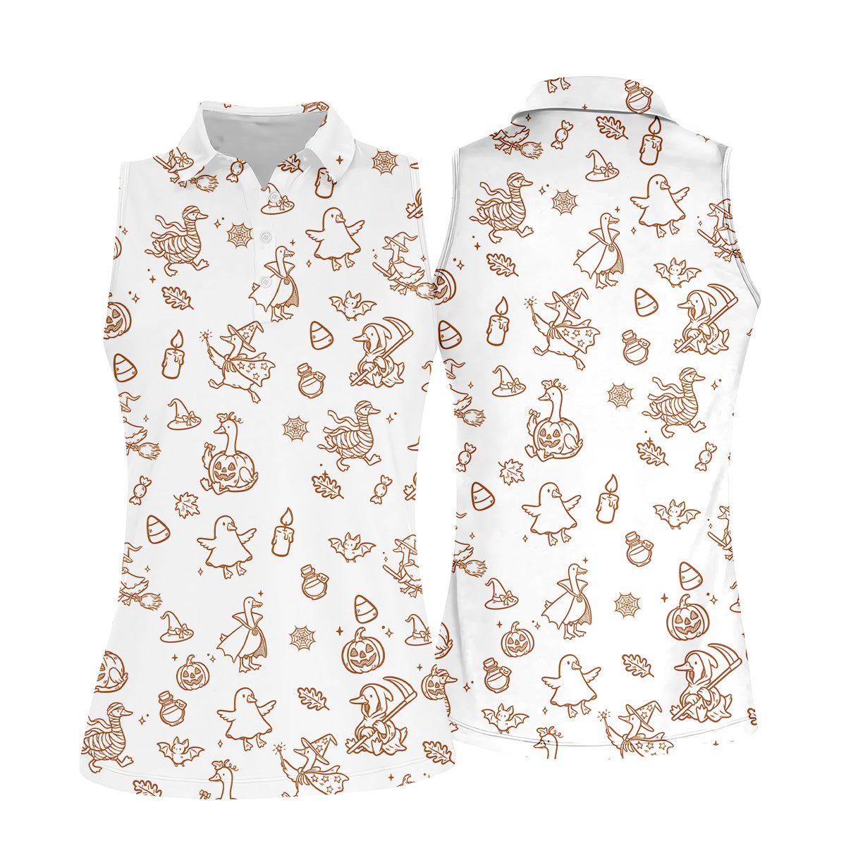 Goose Halloween, Doodle Pattern, White Golf Shirt, Sleeveless Womens Golf Shirts, Women Golf Top, Ladies Golf Shirts