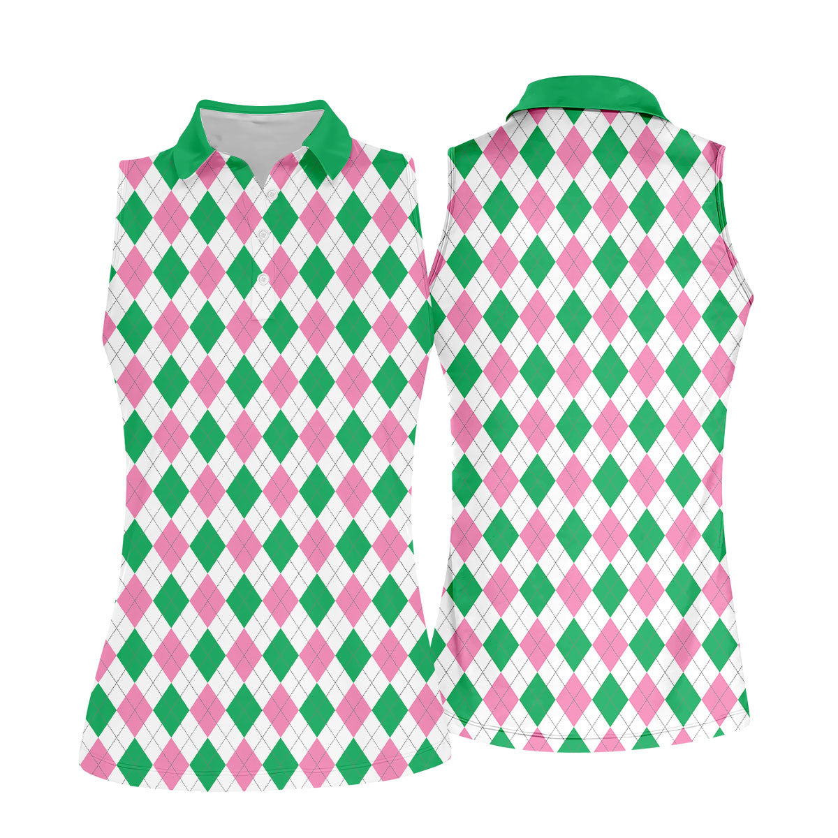Green Pink Argyle Sleeveless Womens Golf Shirts, Ladies Pink Golf Shirt, Womens Golf Polo Shirts, Womens Golf Tops