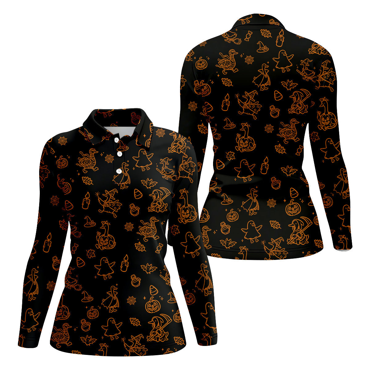 Goose Halloween, Doodle Pattern, Black Orange Golf Polo, Sleeveless Womens Golf Shirts, Ladies Golf Shirts