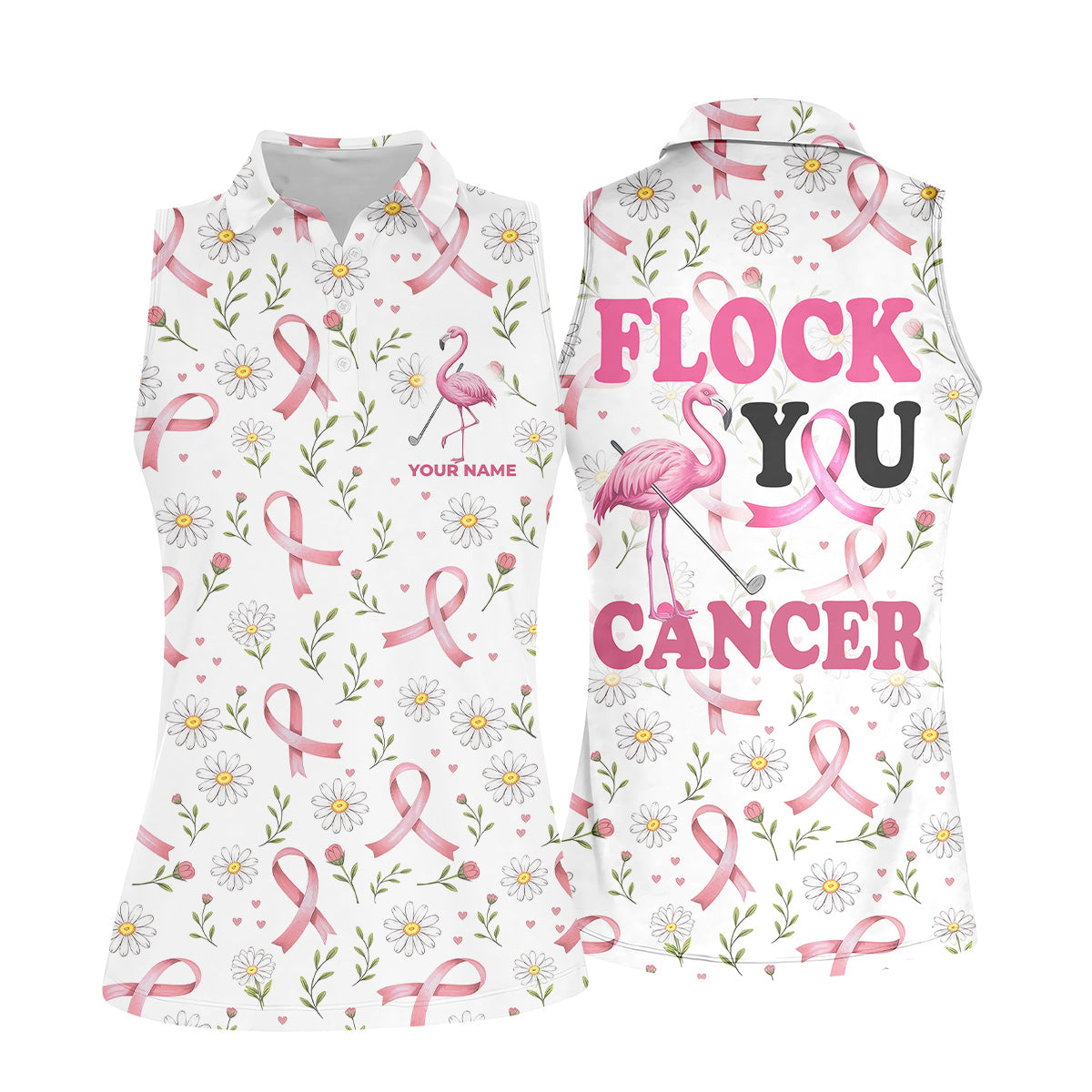 Flock You Cancer Flamingo Womens Golf Shirt, Breast Cancer Awareness Shirt, Ladies Golf Shirt