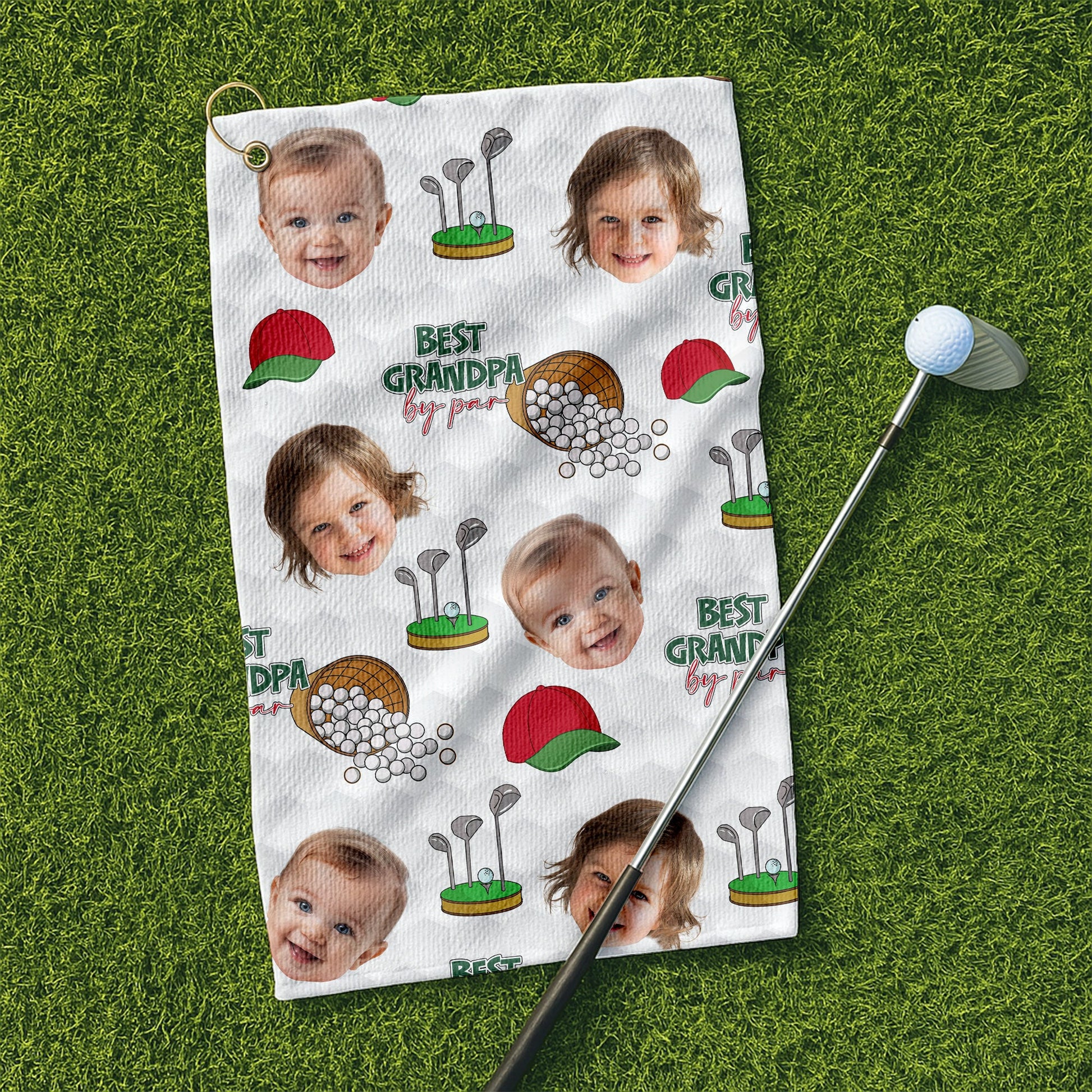 Best Grandpa By Par Custom Face White Small Funny Golf Towel, Golf Gift For Dad