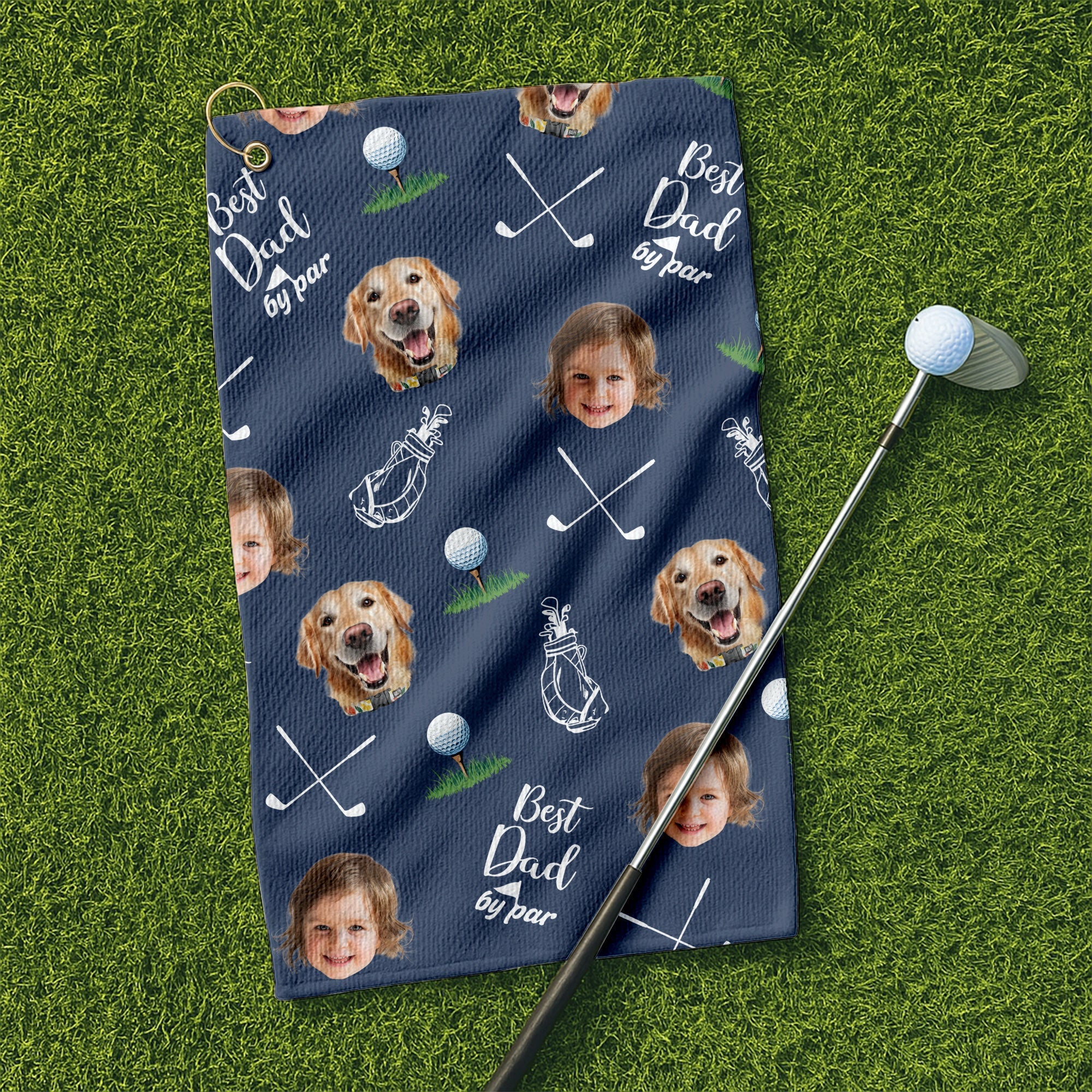 Best Dad By Par Custom Golf Towel With Kids Photo, Custom Pet Photo Towel, Dad Golf Gift