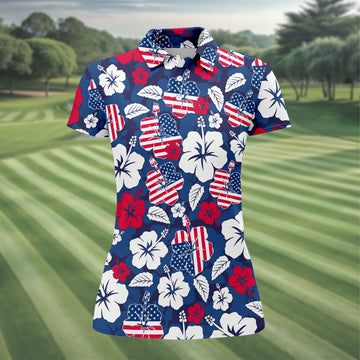 Tropical Hibiscus American Flag Womens Golf Polo Shirt, Patriotic Golf Shirt, USA Golf Shirt Custom Ladies Golf Shirt