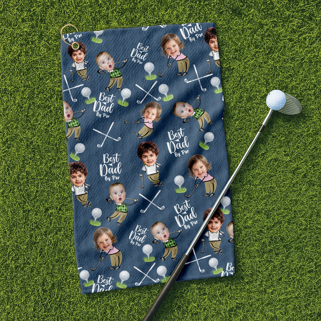 Custom Golf Towel With Kids Photo Best Dad By Par, Custom Photo Blue Towel, Christmas Golf Gift