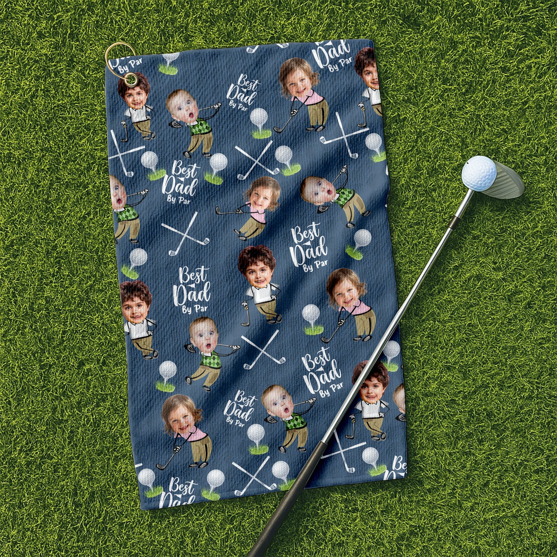 Custom Golf Towel With Kids Photo Best Dad By Par, Custom Photo Blue Towel, Christmas Golf Gift