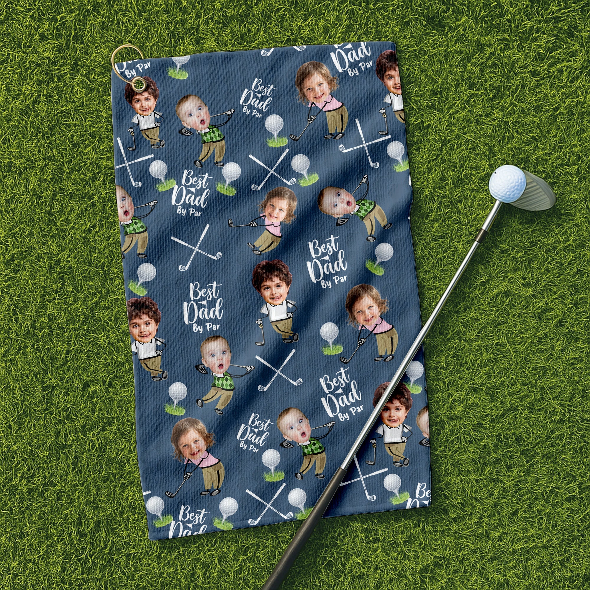 Custom Golf Towel With Kids Photo Best Dad By Par, Custom Photo Blue Towel, Christmas Golf Gift