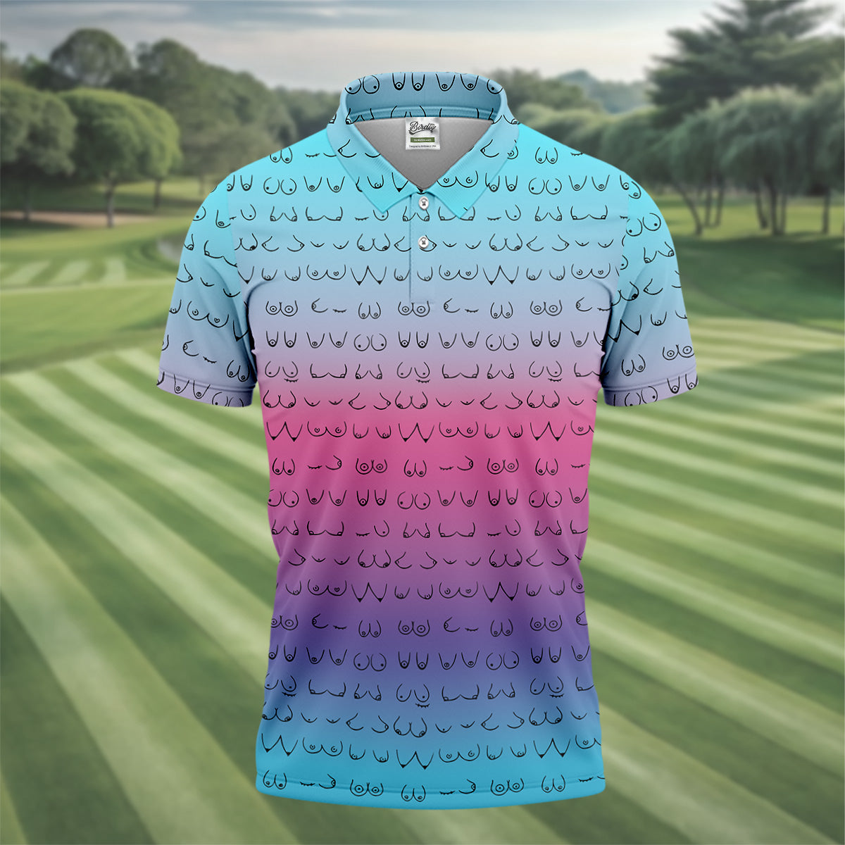Blue Pink Ombre Boobs Golf Shirt, Fun Men's Golf Polos, Cool Golf Gifts, Polo For Men