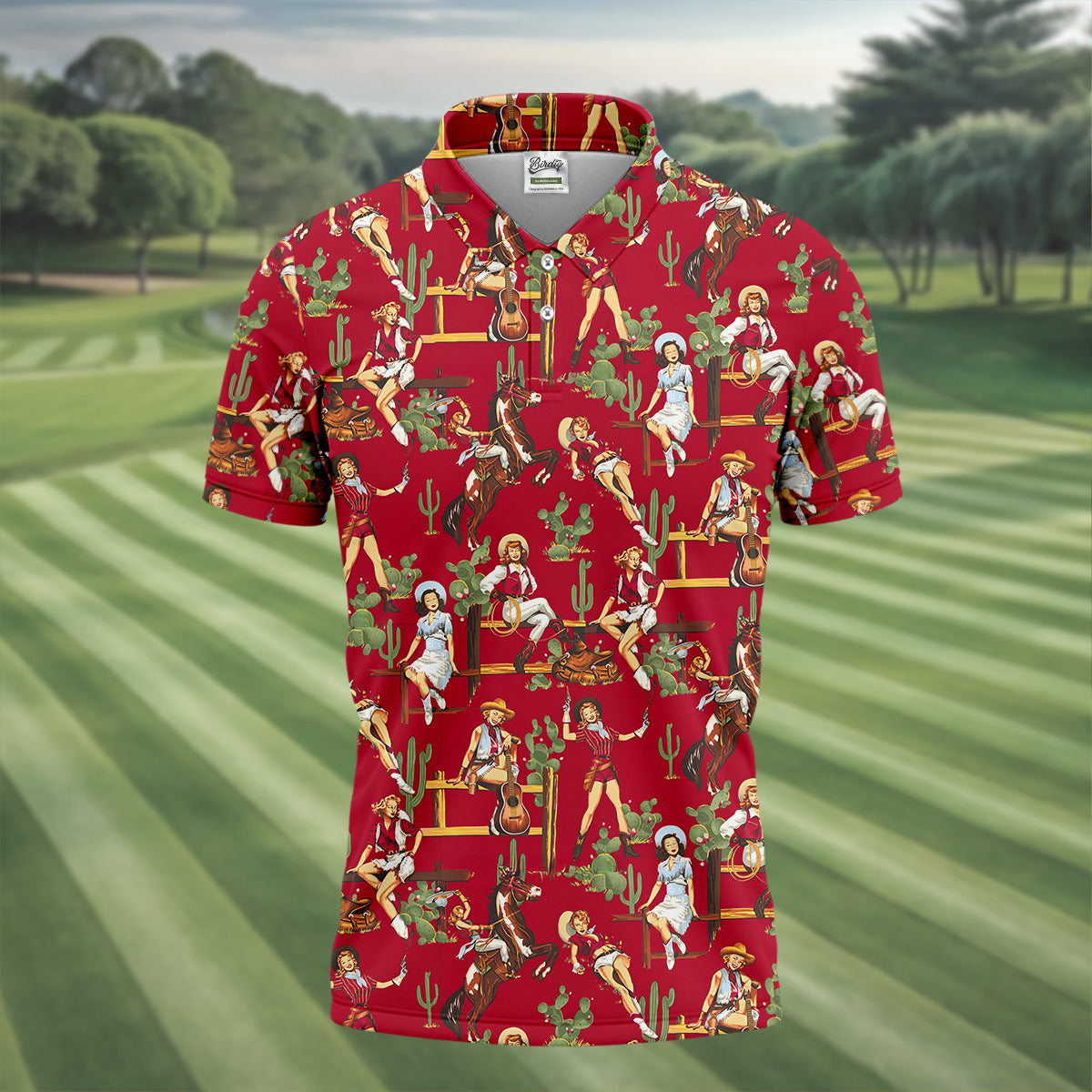 Western Cowgirl Red Golf Shirt, Fun Golf Shirts For Men, Men's Golf Polo, Long Sleeve Polo